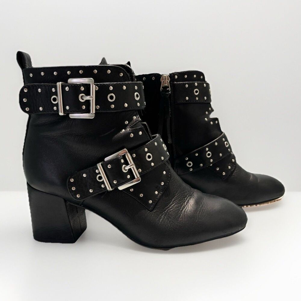 REBECCA MINKOFF Women's Black Leather Lamba Logan Booties Studded Sz 6 Buckle - Picture 2 of 14